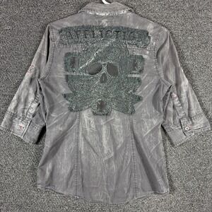 Affliction Black Premium Womens Gray Skull Lace Button Up Shirt Small Y2K Grunge